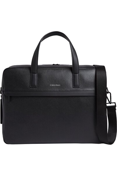Calvin Klein Men's Textured Surface Metallic Logo Embossed Long Removable Strap Black Laptop & Briefcase Lv