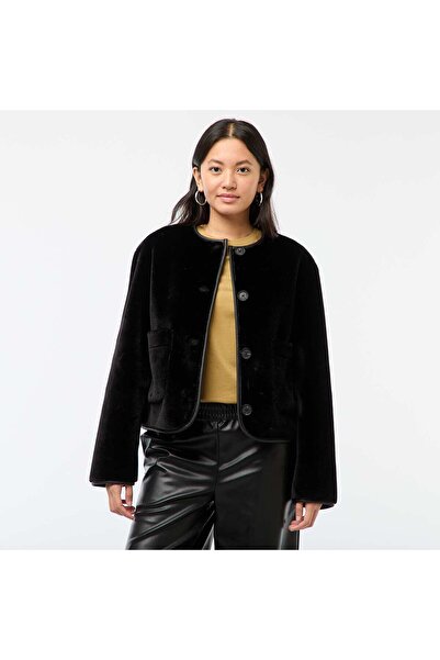 KİABİ Round Neck Faux Shearling Jacket BLACK