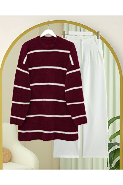 Modamorfo Striped Casual Bearded Knitwear Tunic - Burgundy