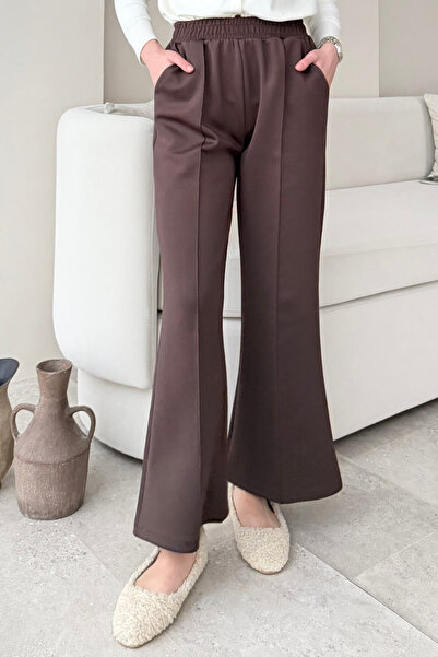 Tesettür Diyarı Kadın Çimalı Beli Lastikli Cepli Scuba Kumaş Tesettür Pantolon- Acı Kahve