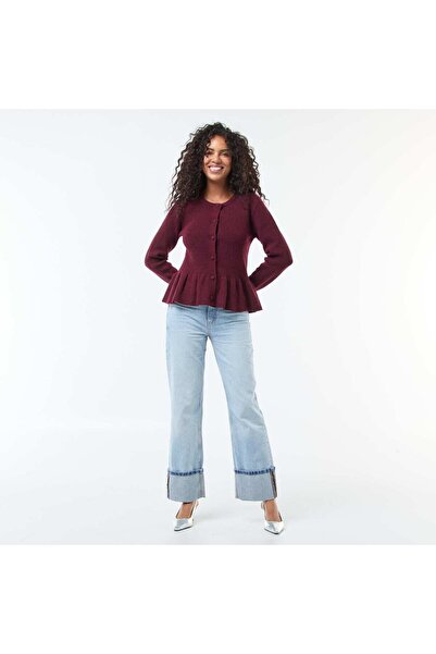 KİABİ Fine Knit Cardigan with Ruffle Hem RED