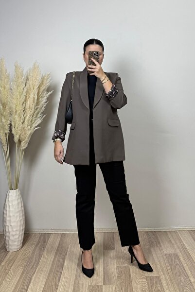 Vizon Collection Şal Yaka, Leopar Astar Detaylı Kahverengi Blazer
