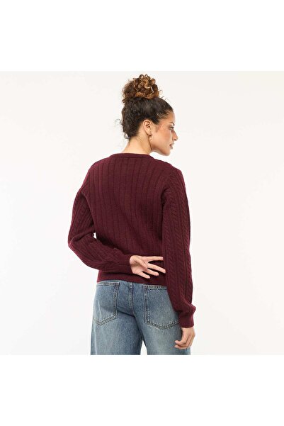 KİABİ Cable Knit Cardigan with Gold Button Detail RED