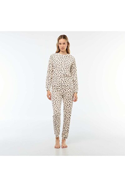 KİABİ طقم بيجامة طويلة من الصوف - تي شيرت + بنطلون - قطعتين بني