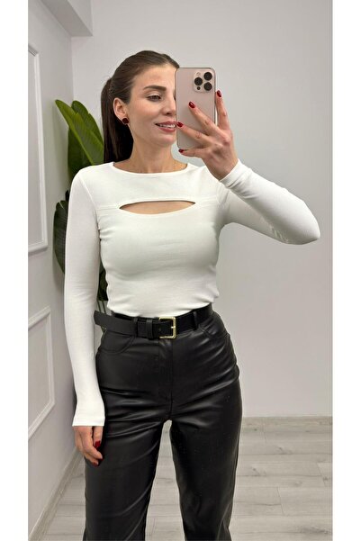 TUNAM BUTİK 4830 Pence Detailed Corded Fabric Blouse Ecru