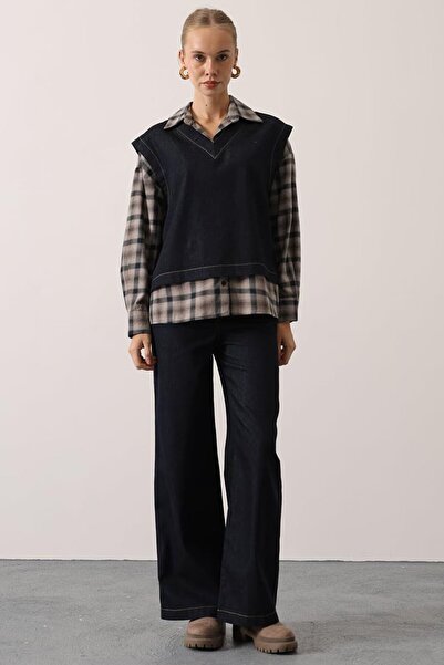 VAGGON Women's Navy Blue Shirt Detailed Blouse and Pocketed Palazzo Pants Denim Set Vs01534