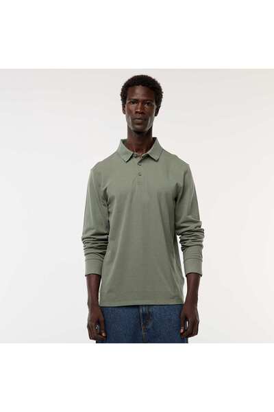 KİABİ Plain long-sleeved piqué knit polo shirt GREEN