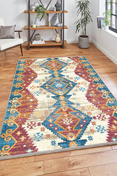 Klasik Desen Mavi & Kırmızı Kaymaz Taban Şönil Dokuma Dijital Baskı Kilim