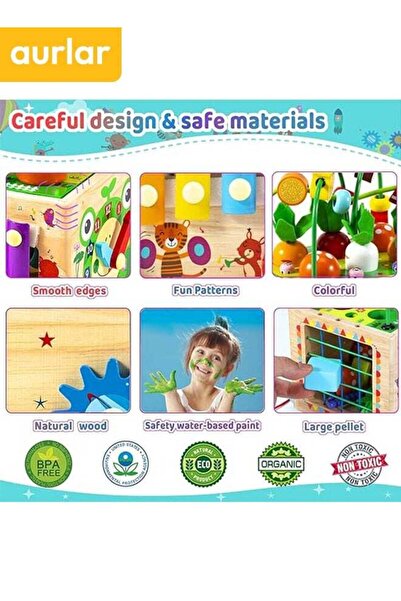 Aurlar مكعب مونتيسوري الخشبي للأنشطة - لعبة تعليمية 9 في 1 للأطفال الصغار من عمر 1 إلى 3 سنوات