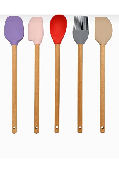 YUT LİFE Set of 5 Colorful Wooden Handle Silicone Spatulas Long 23 cm