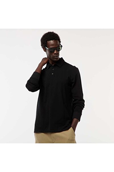 KİABİ Plain long-sleeved piqué knit polo shirt BLACK
