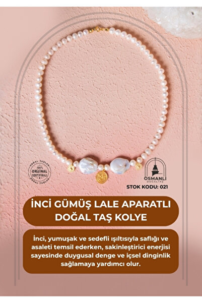 OSMANLI DOĞAL TAŞ Sertifikalı İnci Gümüş Lale Aparatlı Doğal Taş Kolye (SK:021)
