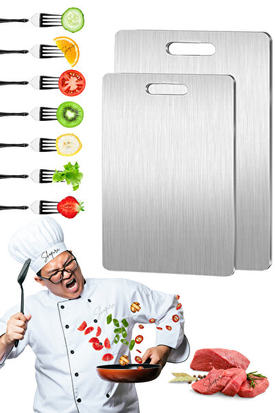 Shopura 2 Pieces Stainless Steel Cutting Board Meat Vegetable Chopping Board Set