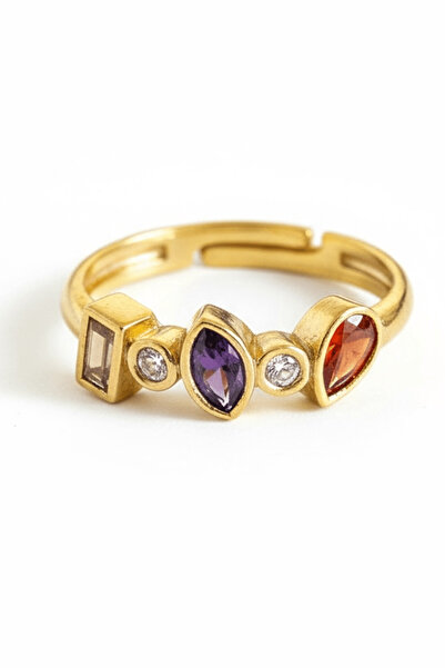 TAKIŞTIR خاتم قابل للتعديل بتفاصيل حجر ذهبي اللون