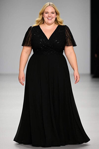 angelino butik Büyük Beden Kadın V Yaka Kısa Kollu Büyük Beden Uzun Abiye Elbise