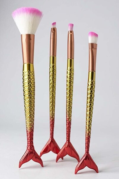 TAKIŞTIR Set of 4 Red and Gold Color Makeup Brushes with Fishtail Figure