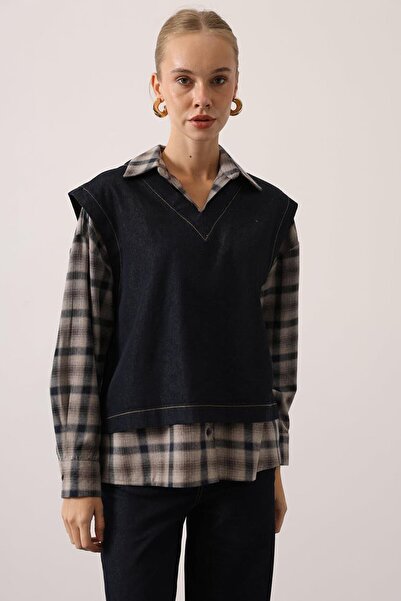 VAGGON Women's Navy Blue Shirt Detailed Blouse and Pocketed Palazzo Pants Denim Set Vs01534