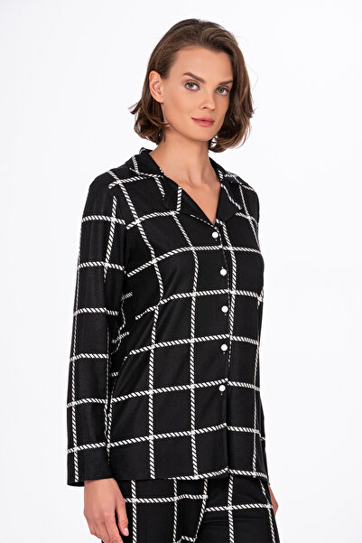 Kompedan Kadın Süet Önden Düğmeli Pijama Takımı | Beyaz Çizgili