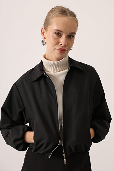 VAGGON Zipper Closure Bomber Jacket with Elastic Waist and Sleeves