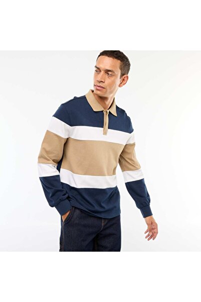 KİABİ Rugby-Style Colorblock Long Sleeve Polo Shirt BLUE
