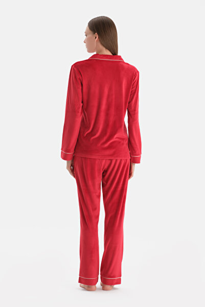 Dagi Red Piped Detail Velvet Shirt Pants Pajama Set