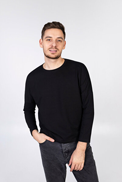 ELNOYA سويت شيرت أسود أساسي بأكمام طويلة للجنسين قصة فضفاضة – مريح