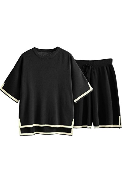 fulina Womens Knit Pajamas Set, 2 Piece Sweater Sets Short Sleeve Pullover Tops Loungewear, Size L, Black