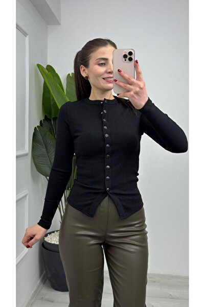 TUNAM BUTİK 17212 Çitçitli Fitilli Triko Bluz Siyah