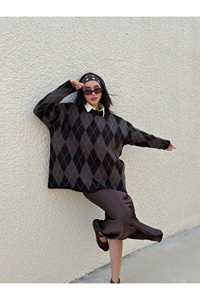 minaaise Дамски пуловер с карета, с набрани ръбове, в цвят горчив кафе 5581