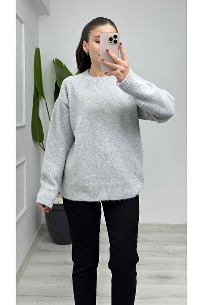 TUNAM BUTİK 4761 Crew Neck Soft Knit Sweater Light Gray