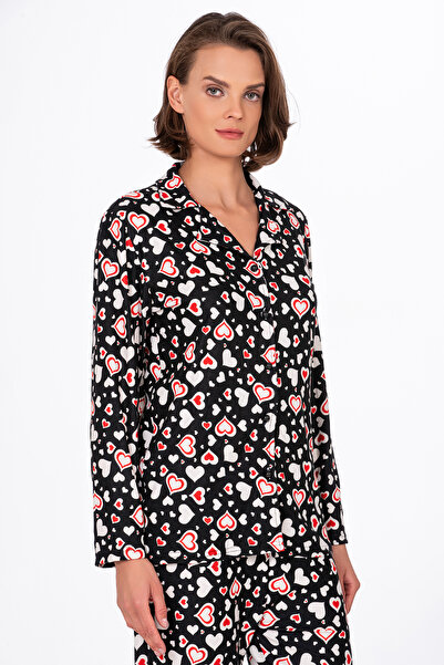 Kompedan Kadın Süet Önden Düğmeli Pijama Takımı | Kalpli