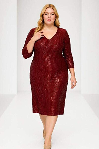 angelino butik Büyük Beden Pul Payet Kısa Bordo Abiye Elbise KL3069