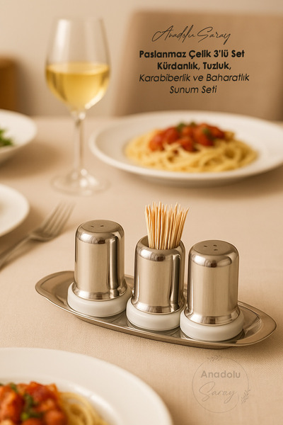 Anadolu Saray Stainless Steel Set of 3 – Toothpick Holder, Salt Shaker, Pepper Shaker and Spice Rack Presentation Set