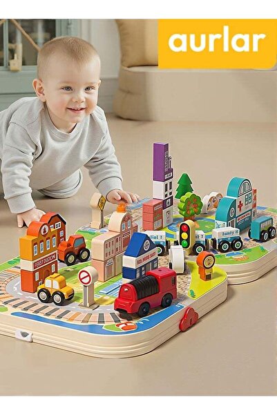 Aurlar مجموعة مكعبات بناء قطار ومدينة خشبية فاخرة، لعبة تعليمية محمولة