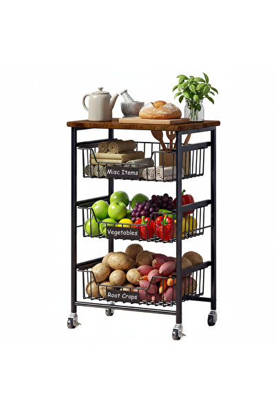 Sinyin عربات تخزين المطبخ، عربة دوارة بأربع طبقات، رف للخضراوات والفواكه، مع سطح خشبي وعجلات