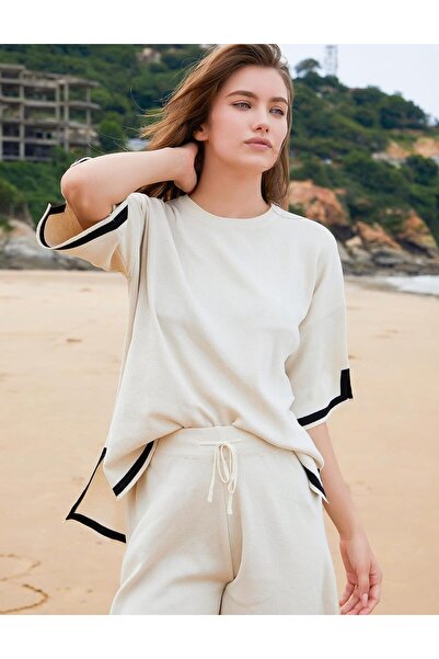 fulina Womens Knit Pajamas Set, 2 Piece Sweater Sets Short Sleeve Pullover Tops Loungewear, Size S, Apricot