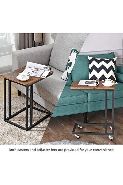 Enjoylifeme End Table Modern Coffee Table | C-Shaped Side Table with Wood Top and Black Metal Frame Casters