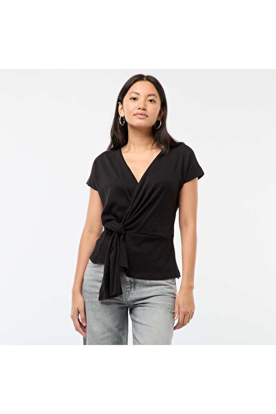 KİABİ Wrap-Front Scoop Neck T-shirt BLACK