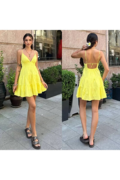 bysoca Women's Yellow V-Neck Rope Strap Tie Back Low-Cut Ruffled Layered Mini...