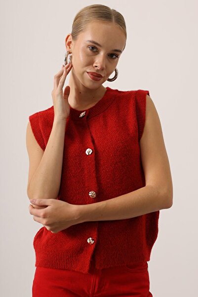 VAGGON Women's Red Crew Neck Buttoned Sleeveless Knit Blouse Vs01531