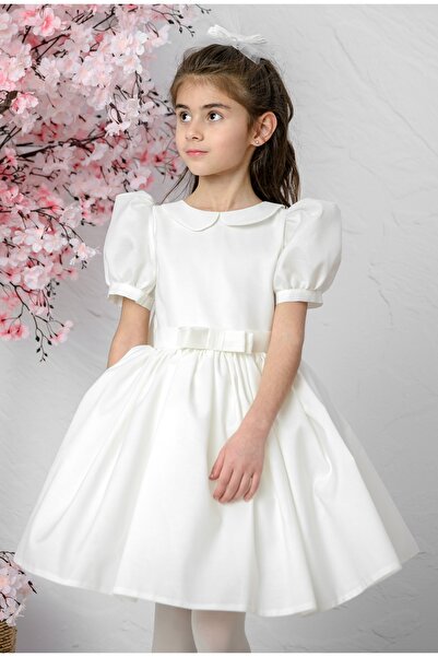 JBK Aleyna White Satin Peter Pan collar Bow Detail Children's Dress and Hair ...