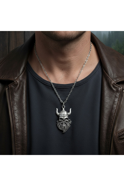 Alooya Viking Sakallı Kuru Kafa Gümüş Kaplama Düz Zincir Kolye