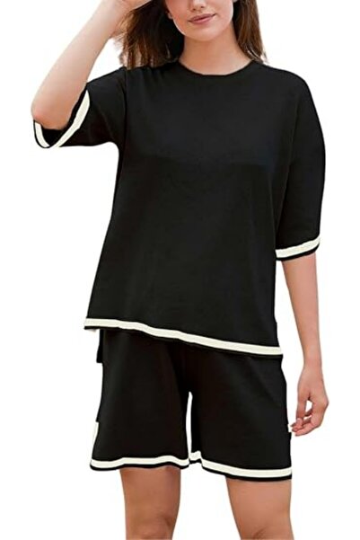 fulina Womens Knit Pajamas Set, 2 Piece Sweater Sets Short Sleeve Pullover Tops Loungewear, Size L, Black
