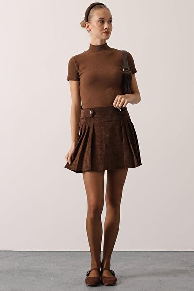 VAGGON Fusta mini din catifea plisată cu cataramă maro pentru femei Vs01529