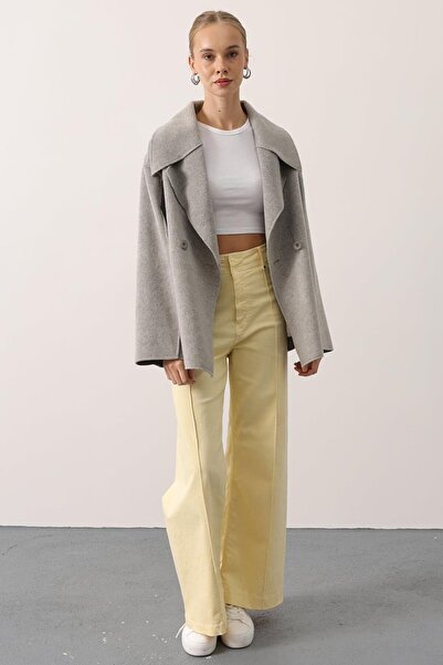 VAGGON Women's Gray Wide Collar Double Pocket Cashmere Jacket Vs01535