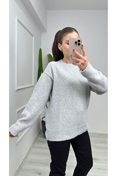 TUNAM BUTİK 4761 Crew Neck Soft Knit Sweater Light Gray