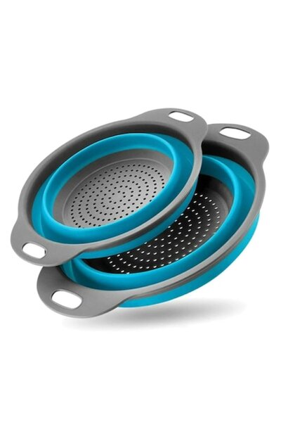varioshop set of 2 round foldable silicone colanders, space-saving, Gray/Blue