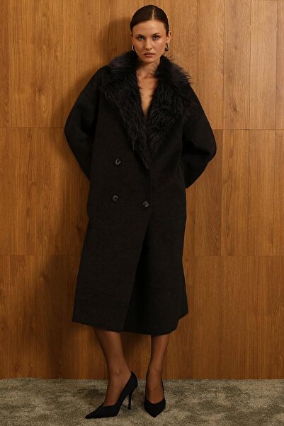 VAGGON Women's Anthracite Detailed Button Closure Cashmere Coat Vs01538