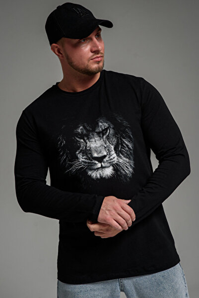 ELNOYA سويت شيرت أسود قصة فضفاضة بسيط للجنسين من طراز “أسيلان” مطبوع بأكمام طويلة ومريح