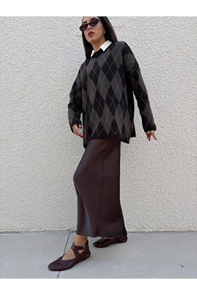 minaaise Дамски пуловер с карета, с набрани ръбове, в цвят горчив кафе 5581